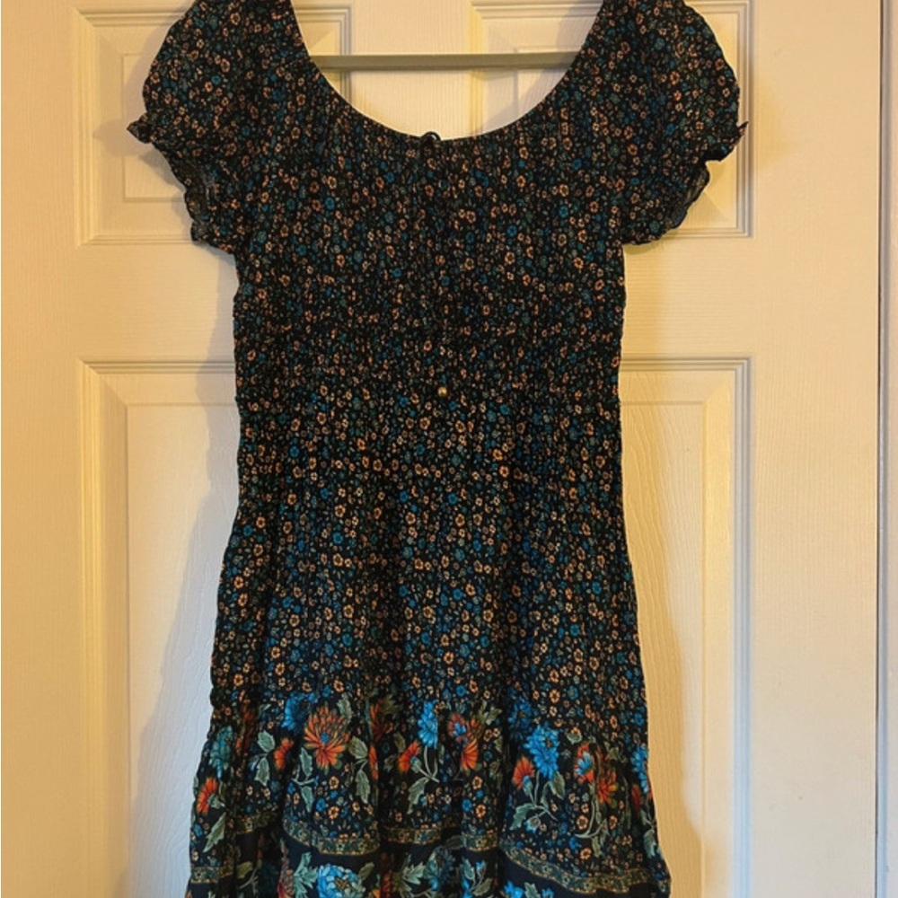 Black Floral Smocked Mini Dress with cap sleeves large